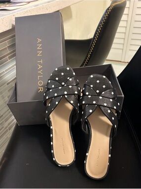 Ann Taylor Black Slide Mules with White Polka Dots